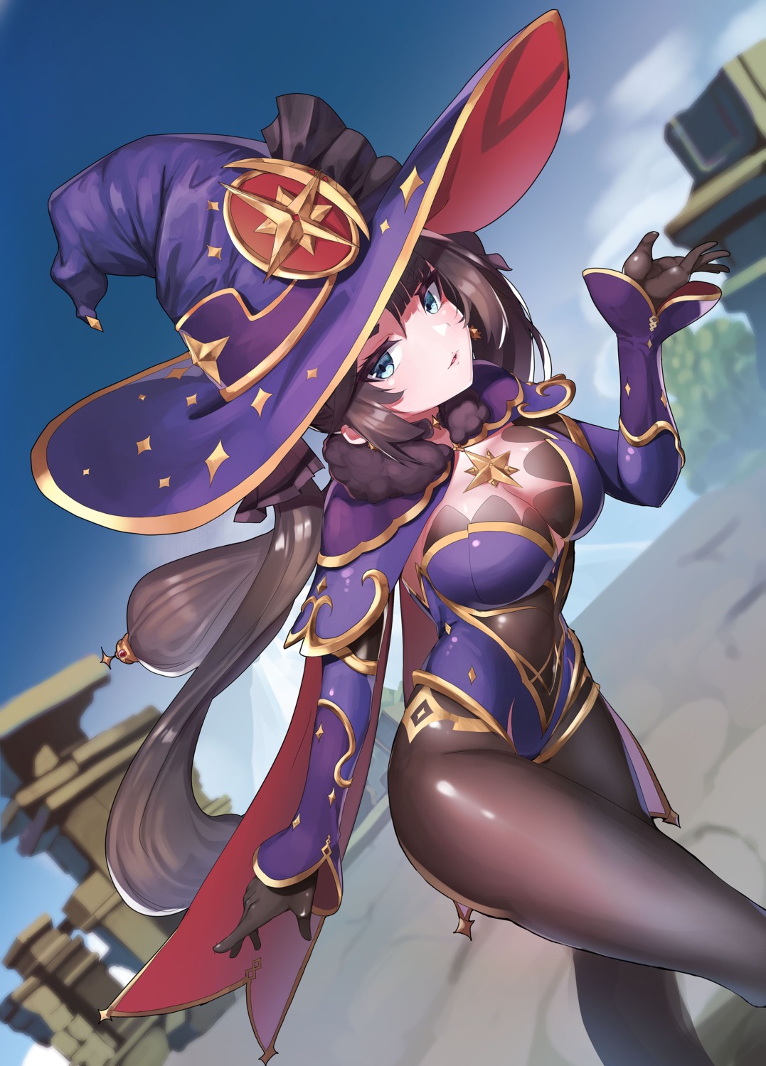 cleavage, genshin_impact, iznal, leotard, mona_megistus, no_bra, pantyhose, witch