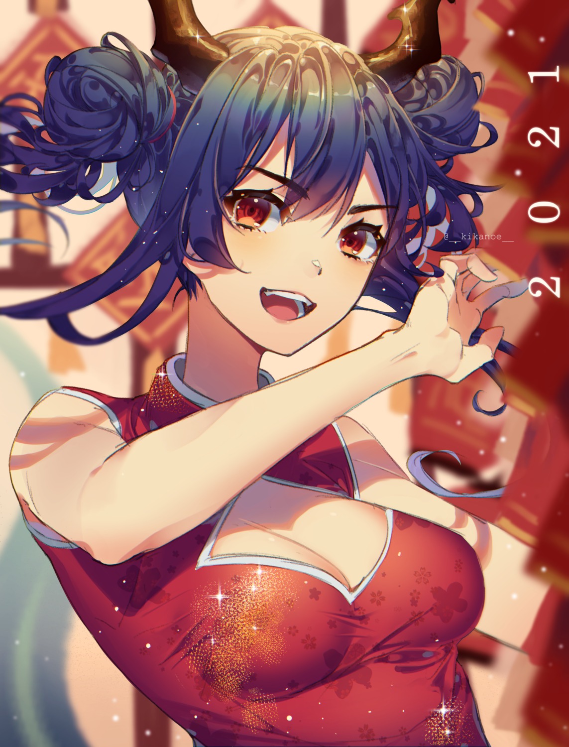 arknights, asian_clothes, ch'en_(arknights), cleavage, horns, kikan_(kikanoe)