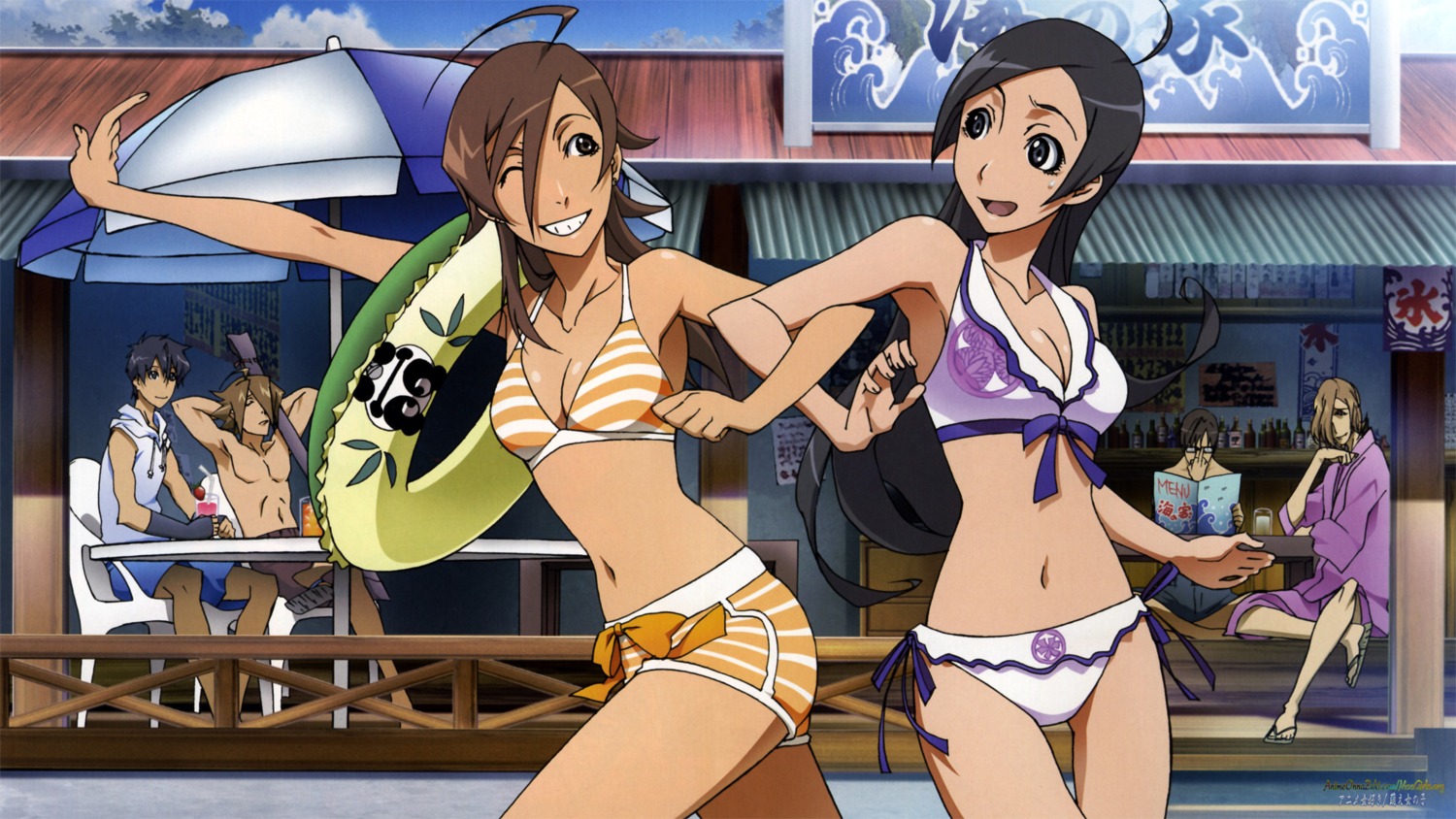 bikini, cleavage, hiyuu_tatsuma, houraiji_kyouichi, megane, misato_aoi, sakurai_komaki, swimsuits, tokyo_majin_gakuen_kenpuchou_tou, wallpaper