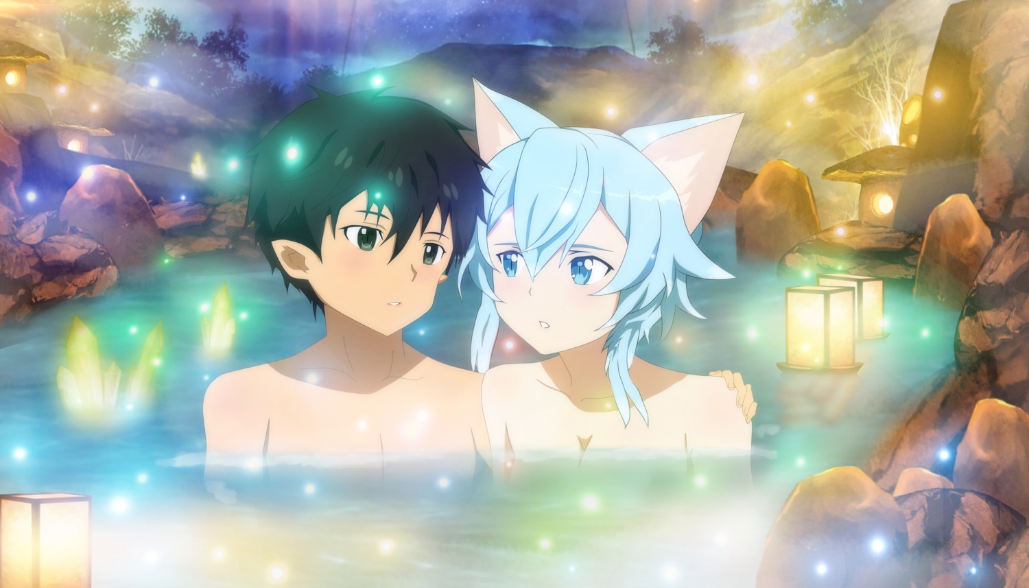 alfheim_online, animal_ears, bathing, kirinonsh, kirito, nekomimi, onsen, pointy_ears, sinon, sword_art_online, topless, wet