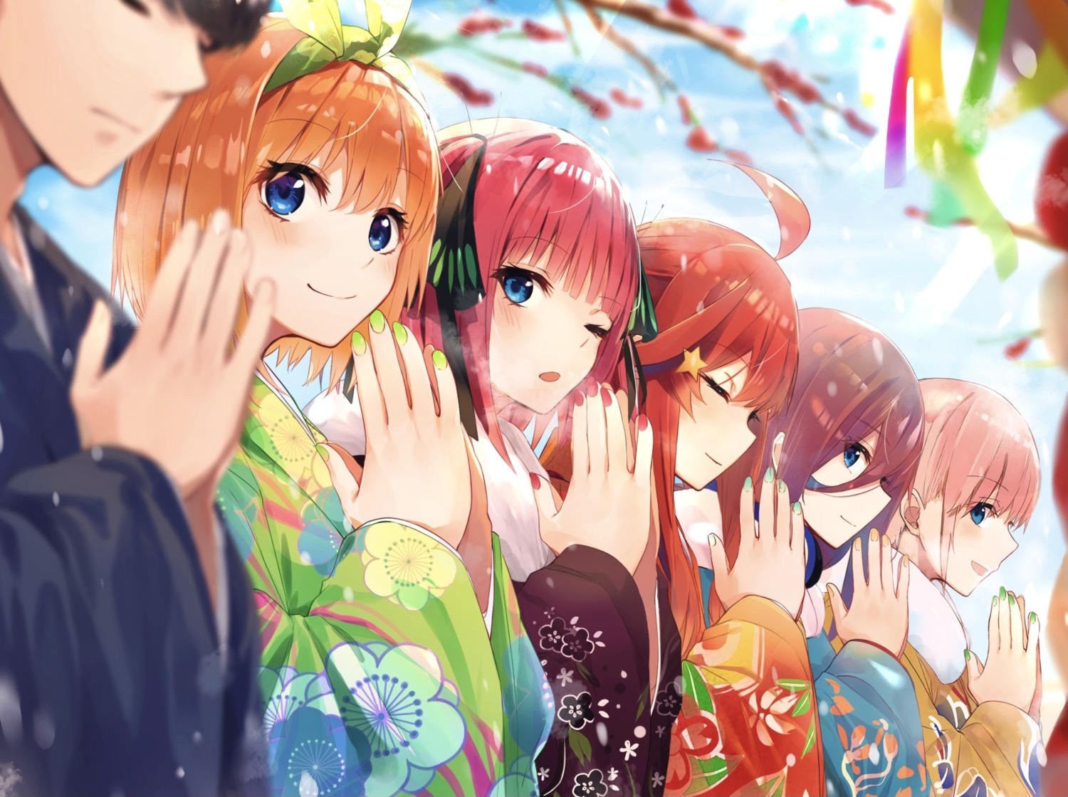 5-toubun_no_hanayome, headphones, kimono, kurokuro_illust, nakano_ichika, nakano_itsuki, nakano_miku, nakano_nino