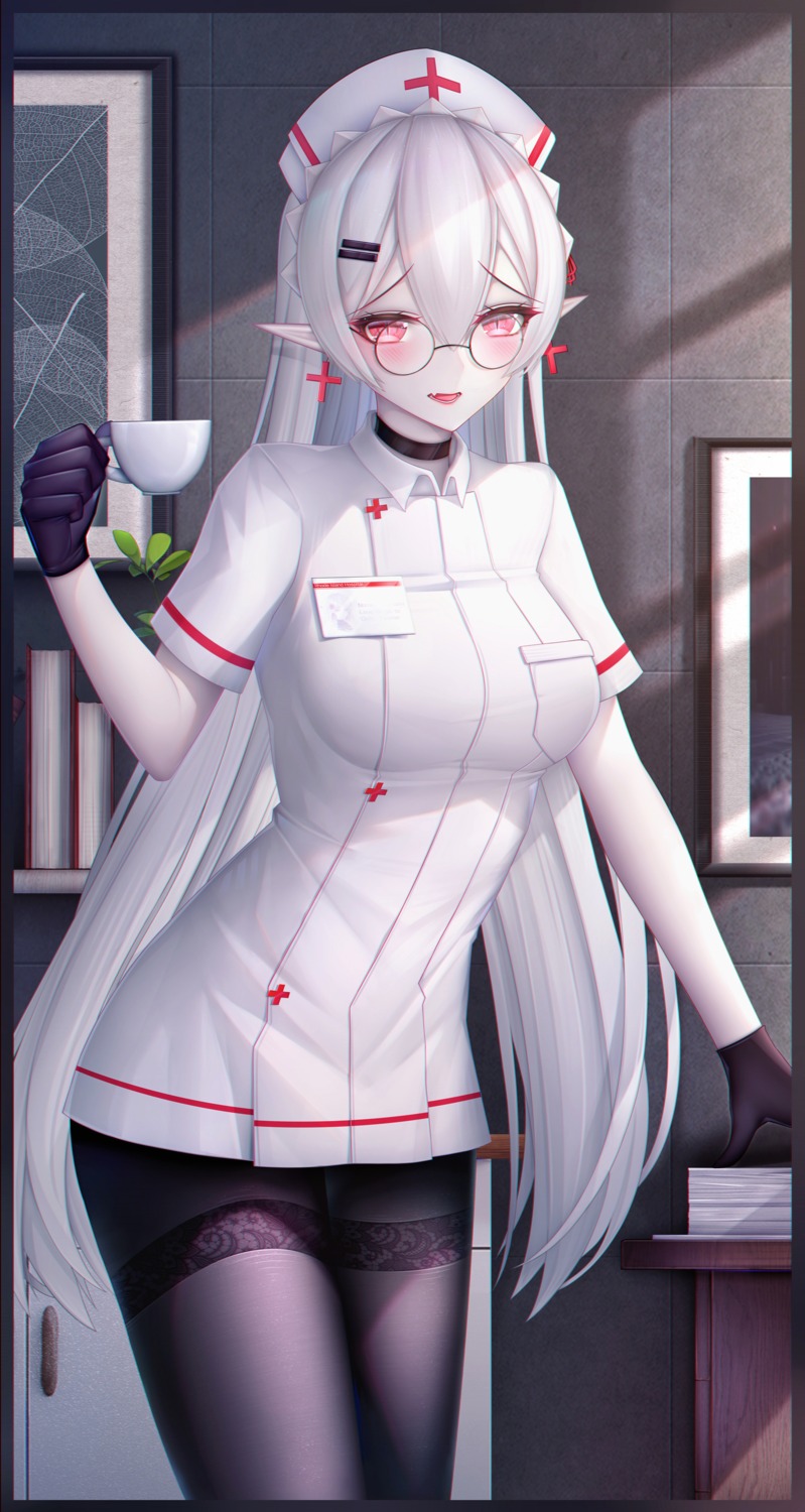 arknights, megane, nurse, pantyhose, pointy_ears, warfarin_(arknights), zhixue