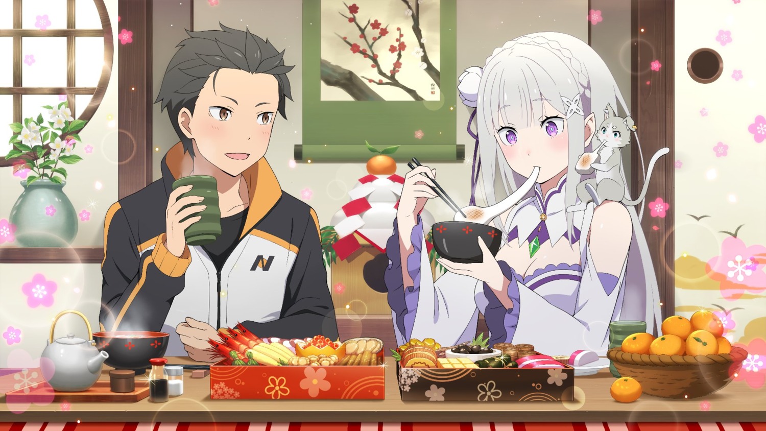 aliasing, cleavage, elf, emilia_(re_zero), natsuki_subaru, neko, pack_(re_zero), pointy_ears