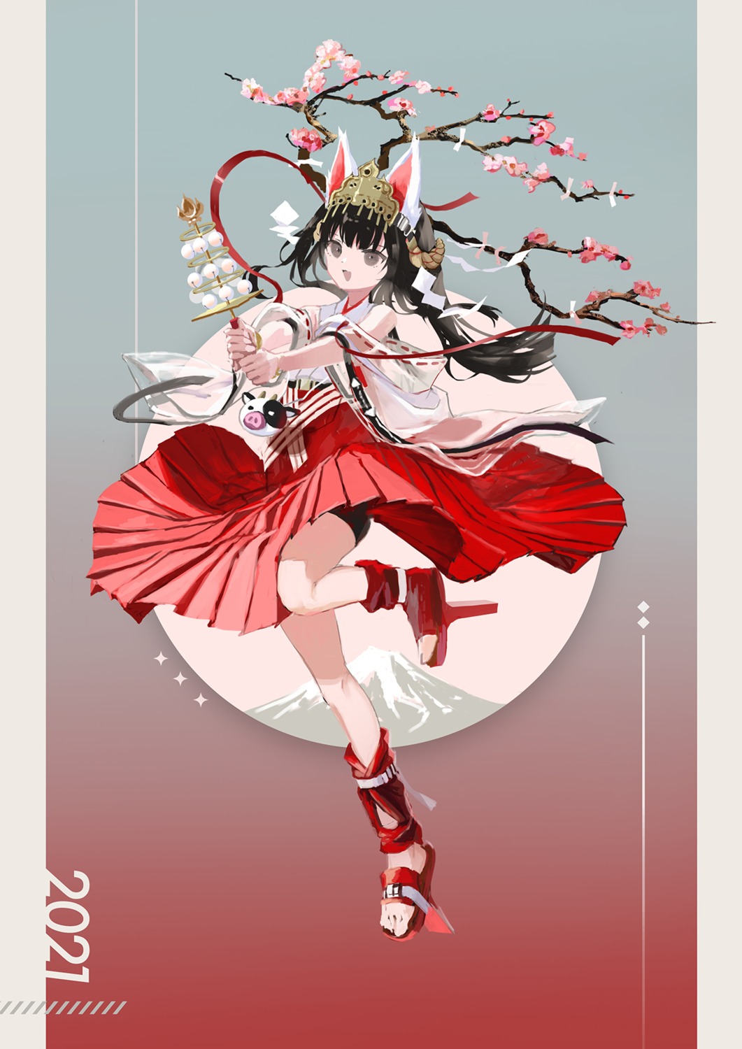 animal_ears, bike_shorts, kouka_(mrakano5456), miko, skirt_lift