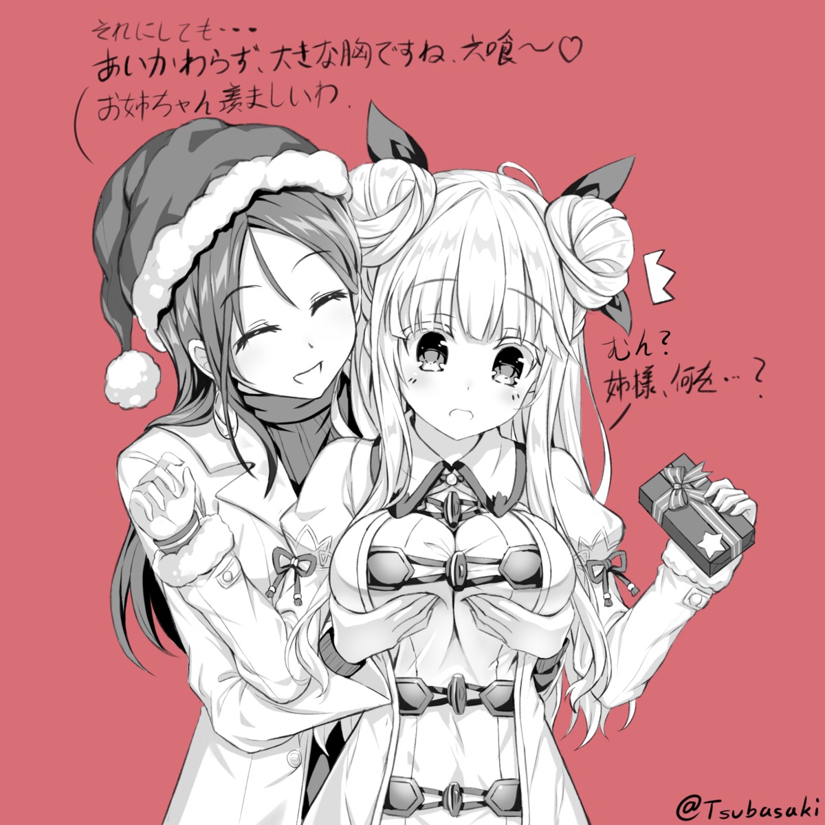 breast_hold, christmas, date_a_live, dress, hoshimiya_mukuro, monochrome, sweater, tsubasaki