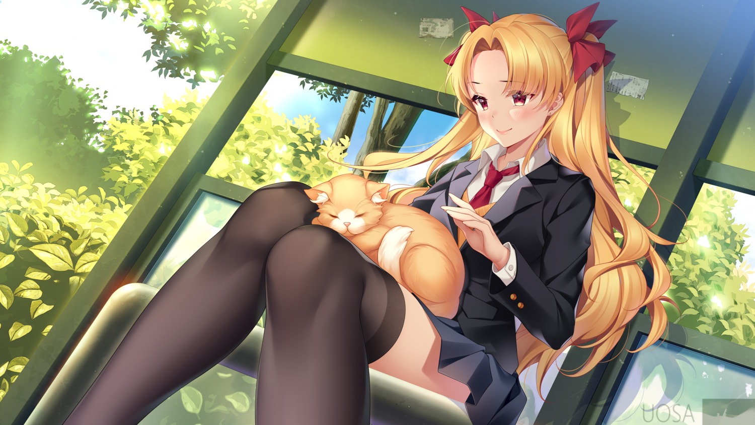 ereshkigal_(fate), fate/grand_order, neko, seifuku, sweater, thighhighs, uosaasou