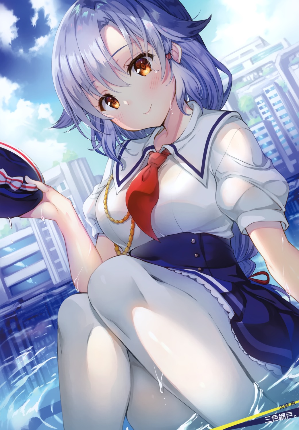 high_school_fleet, kawano_tsubame, pantyhose, sansyoku_amido., seifuku, wet, wet_clothes