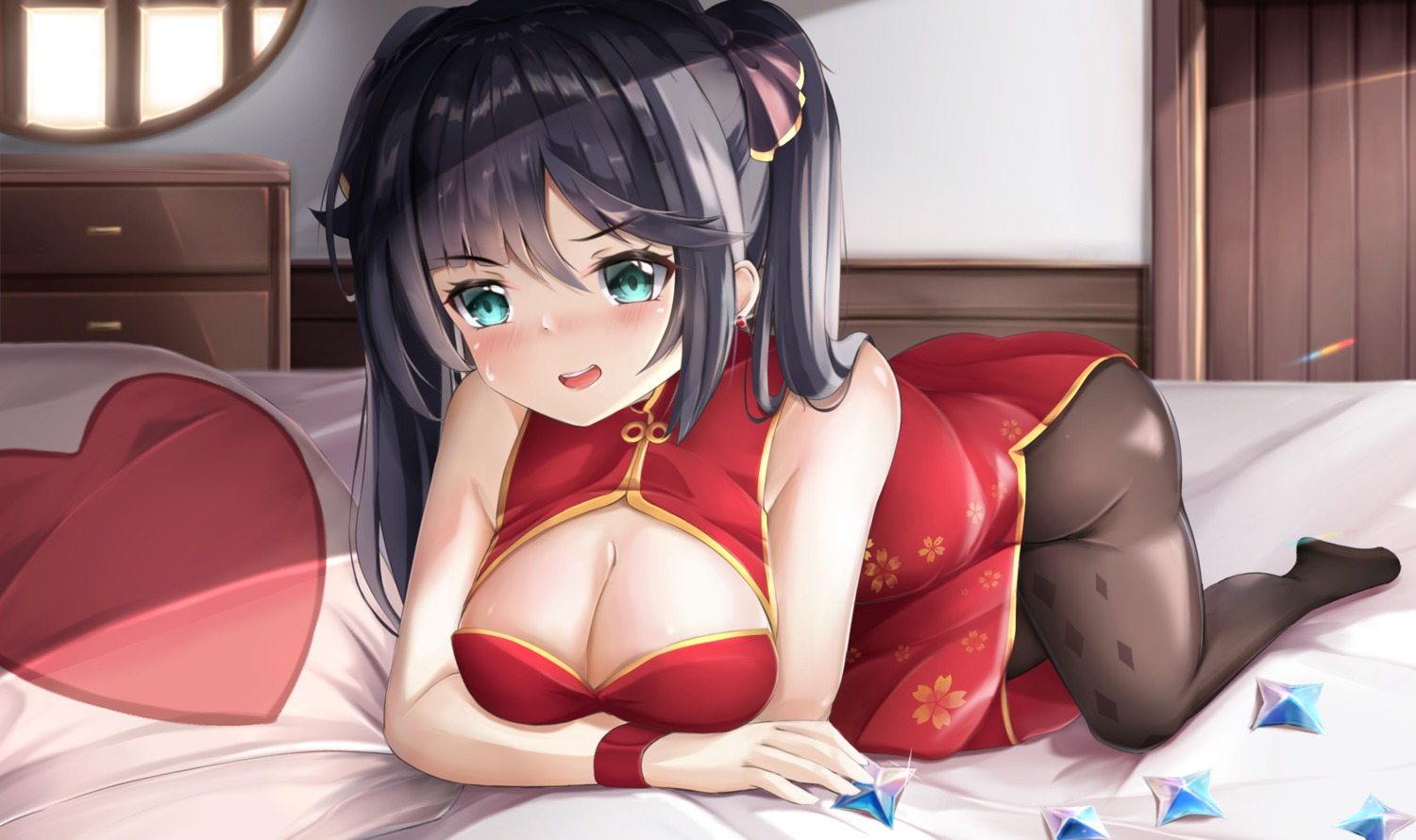 breast_hold, chinadress, cleavage, genshin_impact, mctom, mona_megistus, pantyhose, weapon