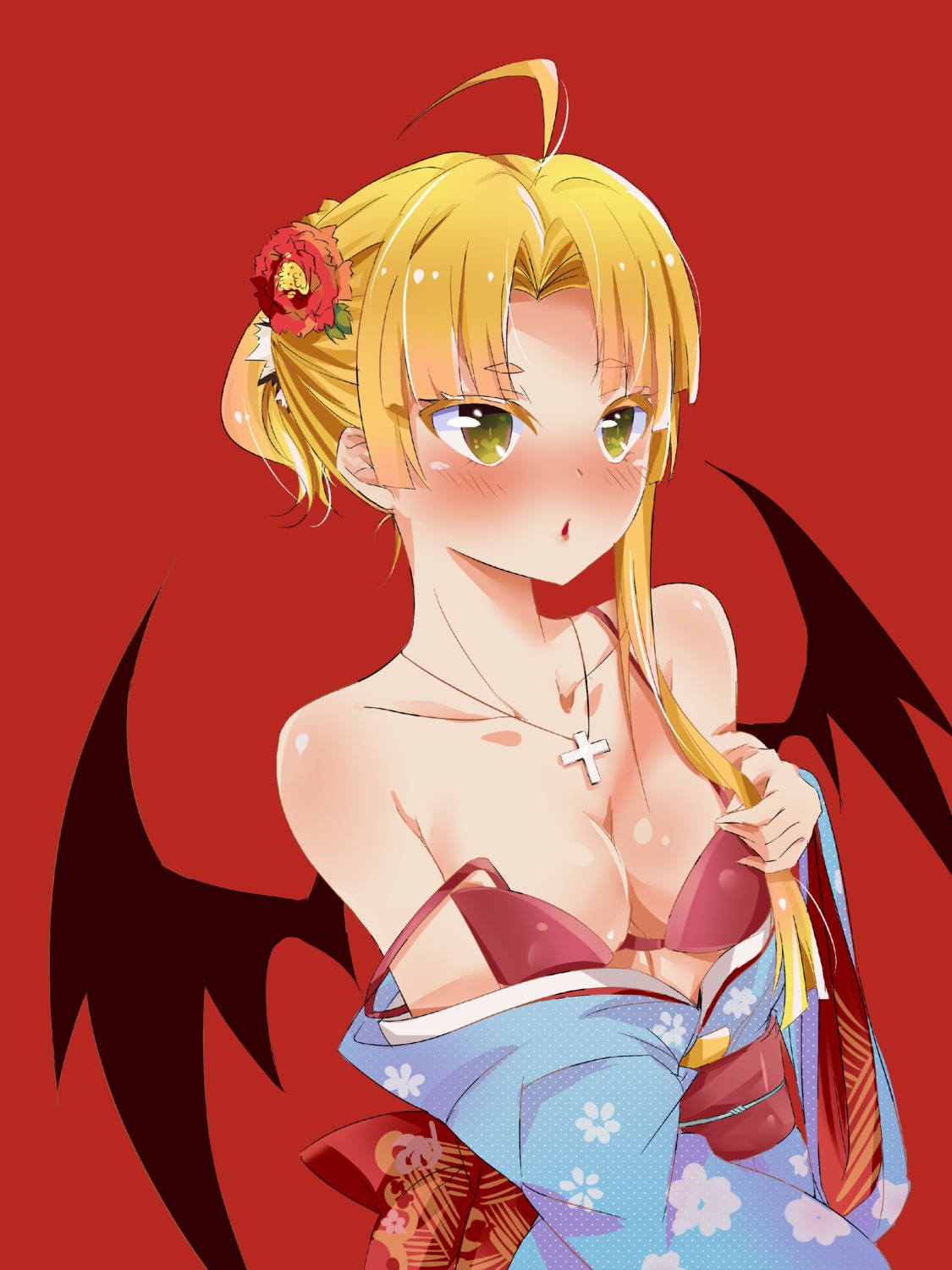 asia_argento, bra, cleavage, highschool_dxd, kimono, likauce, open_shirt, wings