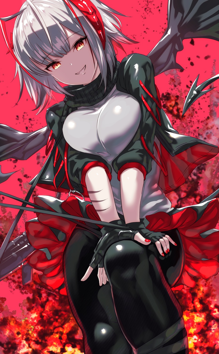 arknights, gun, horns, pantyhose, skirt_lift, tail, uenoryoma, w_(arknights)