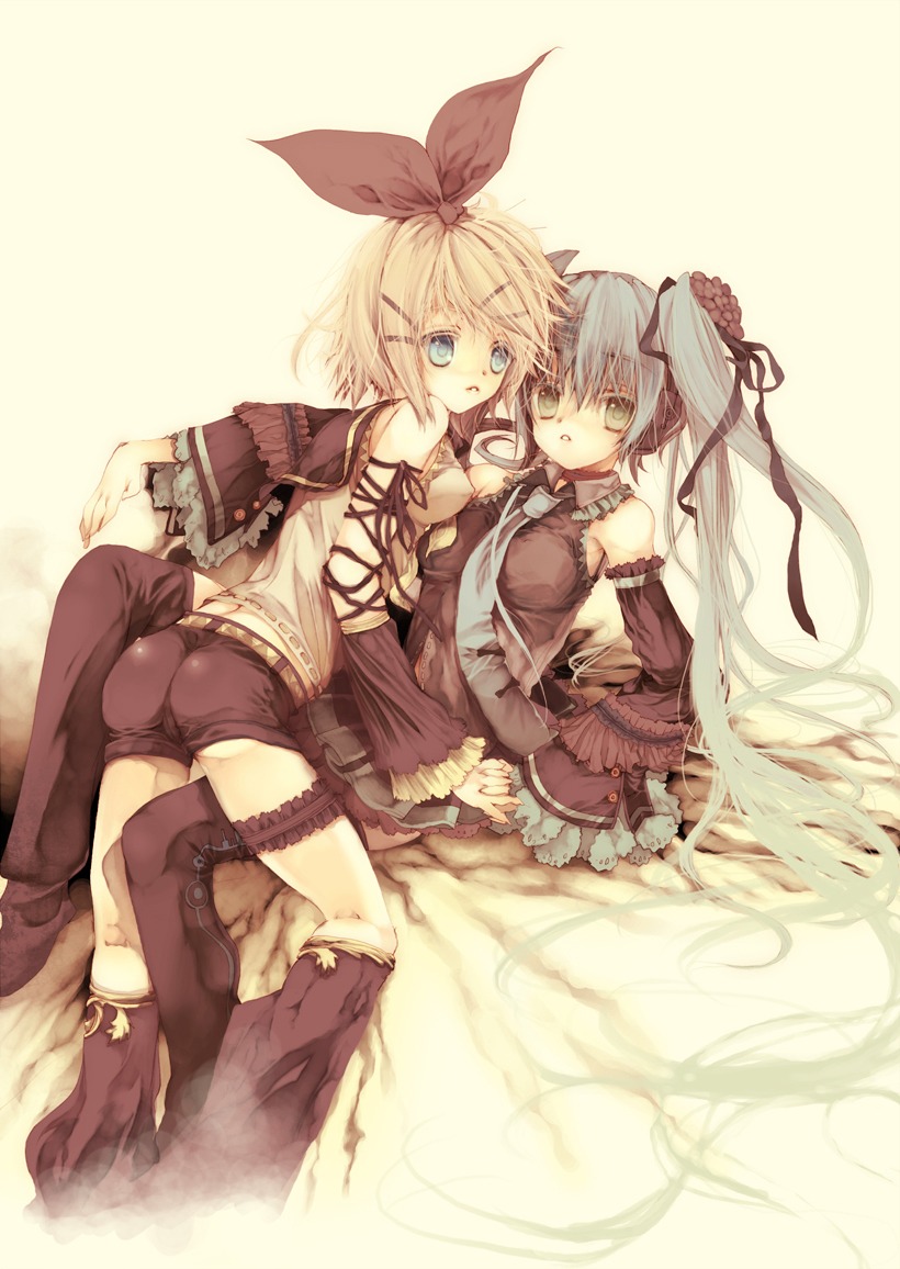 garter, hatsune_miku, kagamine_rin, ooki_bonta, thighhighs, vocaloid