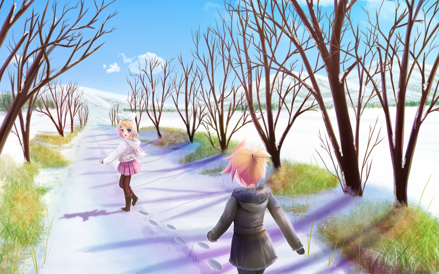 kagamine_len, kagamine_rin, kisaragi_miyu, landscape, vocaloid, wallpaper