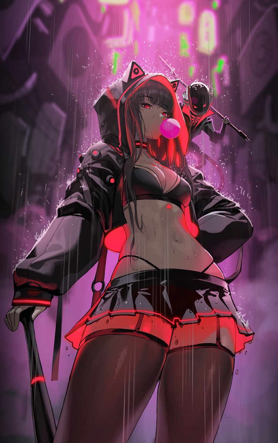 animal_ears, baseball, bikini, cleavage, destiny_child, nekomimi, open_shirt, stockings, swimsuits, thighhighs, weapon, wet, zig90