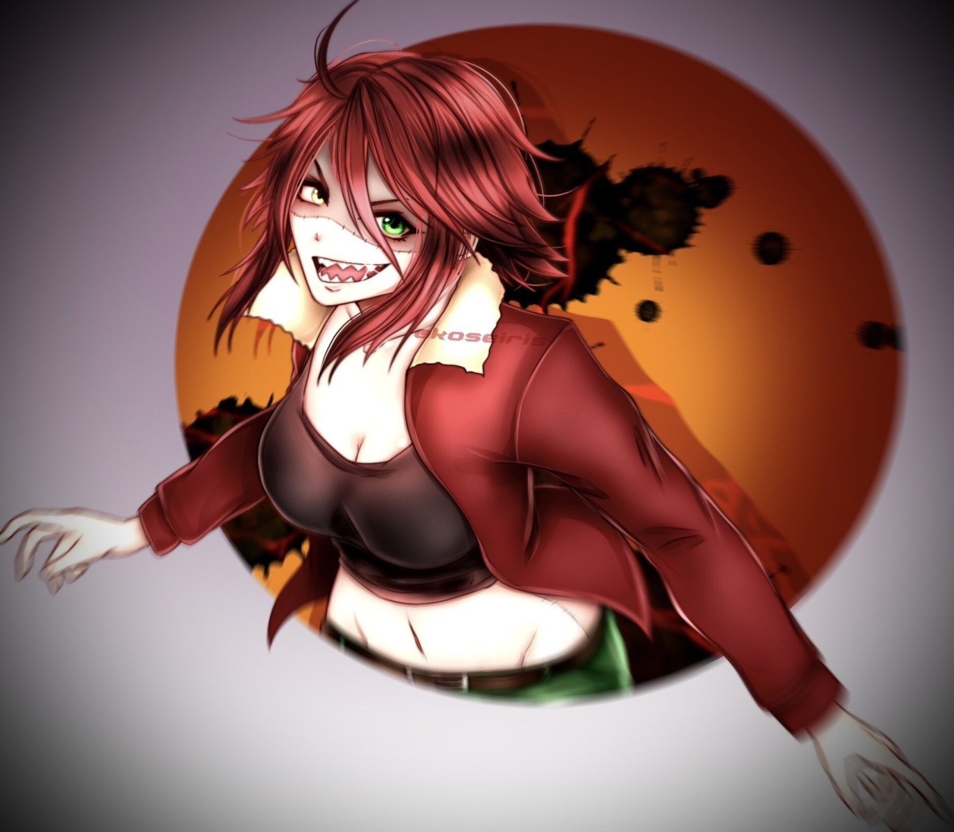 cleavage, heterochromia, koseiris, monster_girl, monster_musume_no_iru_nichijou, official_watermark, zombina