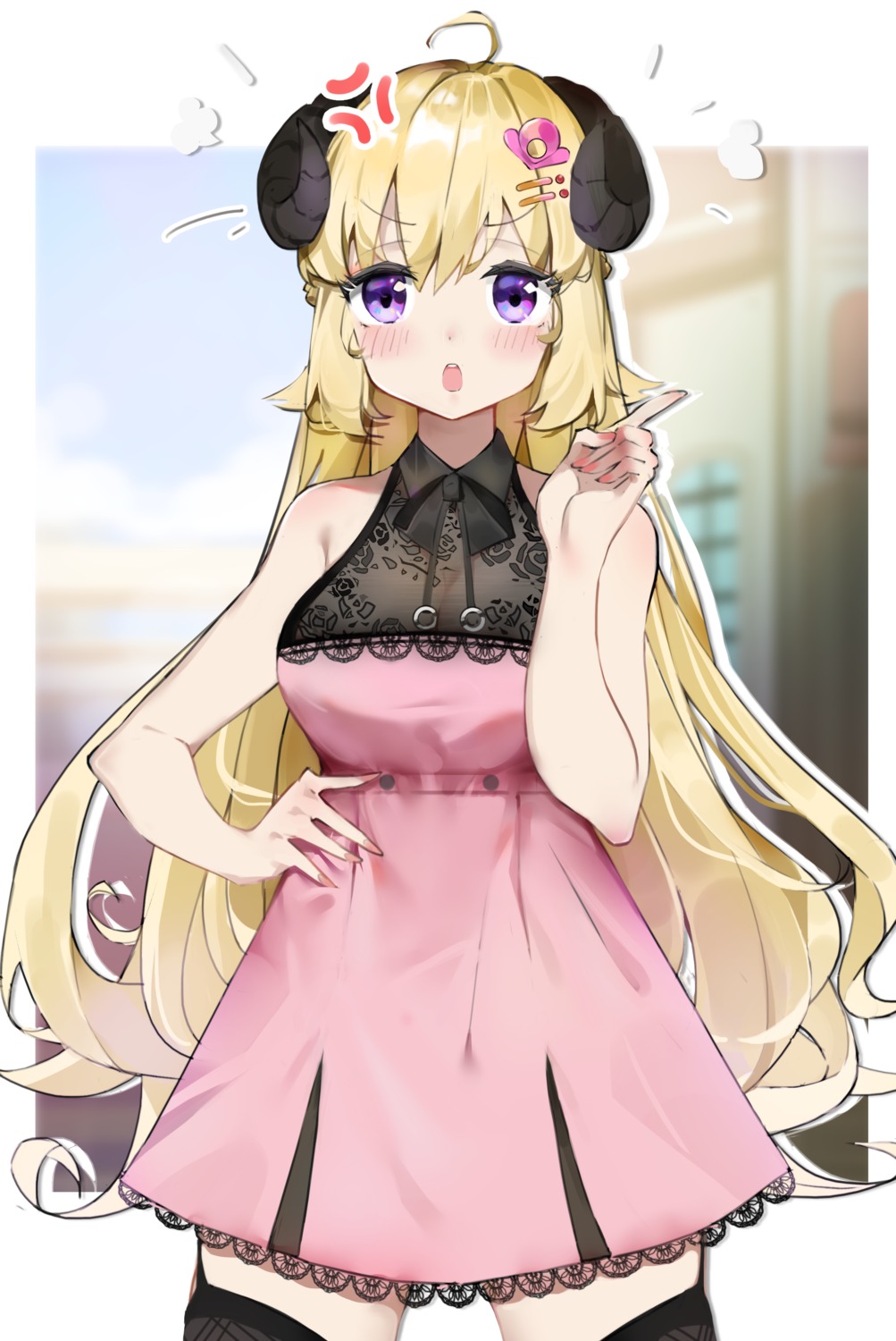 dress, hololive, horns, no_bra, sanmery, see_through, stockings, thighhighs