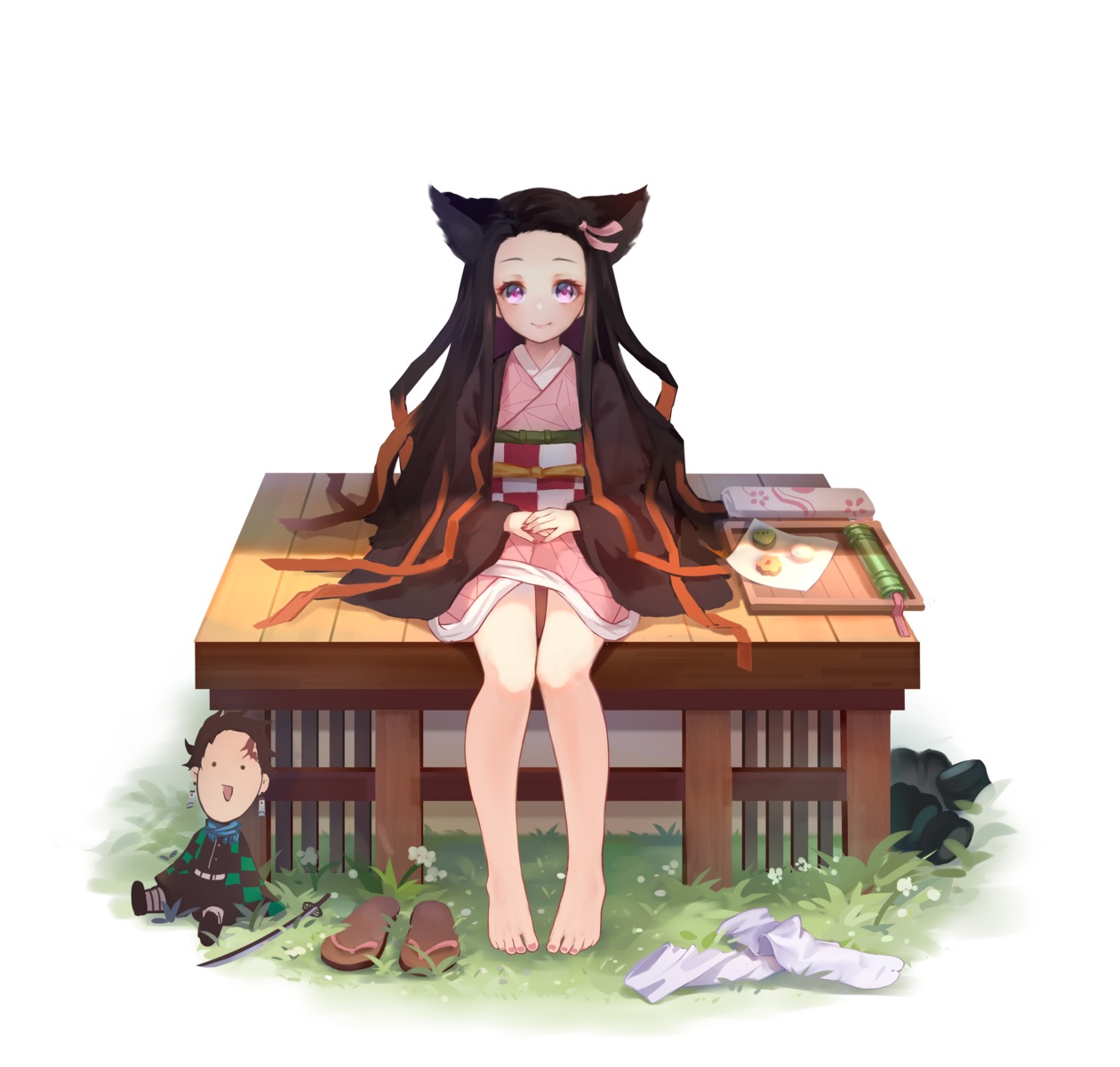 animal_ears, feet, japanese_clothes, kamado_nezuko, kimetsu_no_yaiba, nekomimi, shio_(7203802)