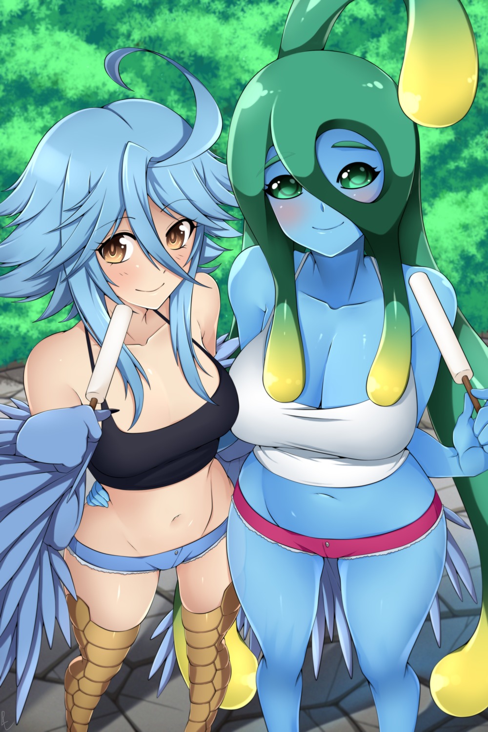 cleavage, lindaroze, monster_girl, monster_musume_no_iru_nichijou, no_bra, papi, suu_(monster_musume), wings