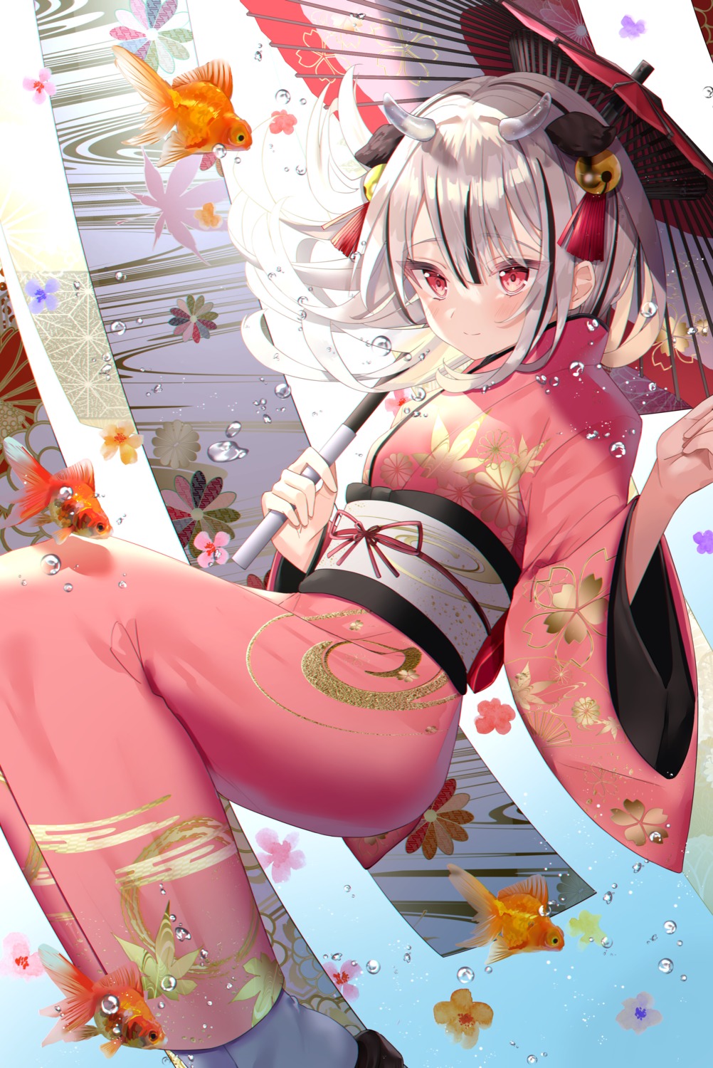 horns, kimono, sinobi_illust, umbrella, wet