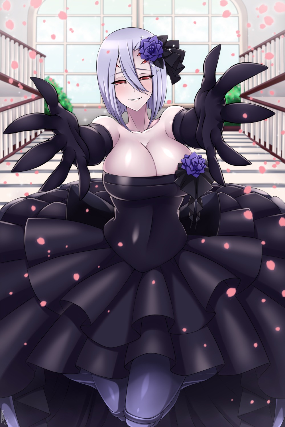 cleavage, dress, lindaroze, monster_girl, monster_musume_no_iru_nichijou, no_bra, rachnera_arachnera, wedding_dress