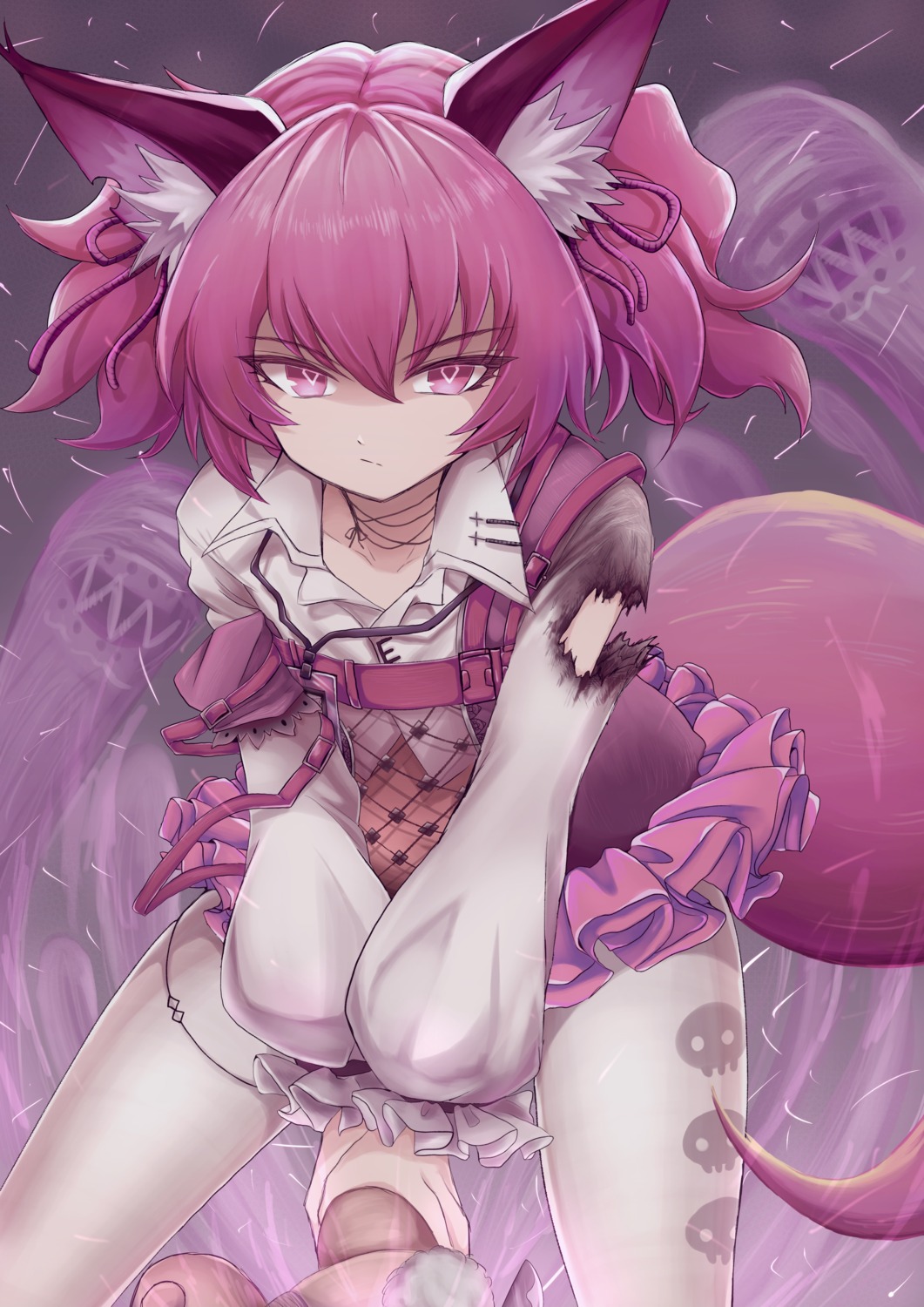 3_(sanyako1), animal_ears, arknights, garter, kitsune, pantyhose, shamare_(arknights), skirt_lift, tail