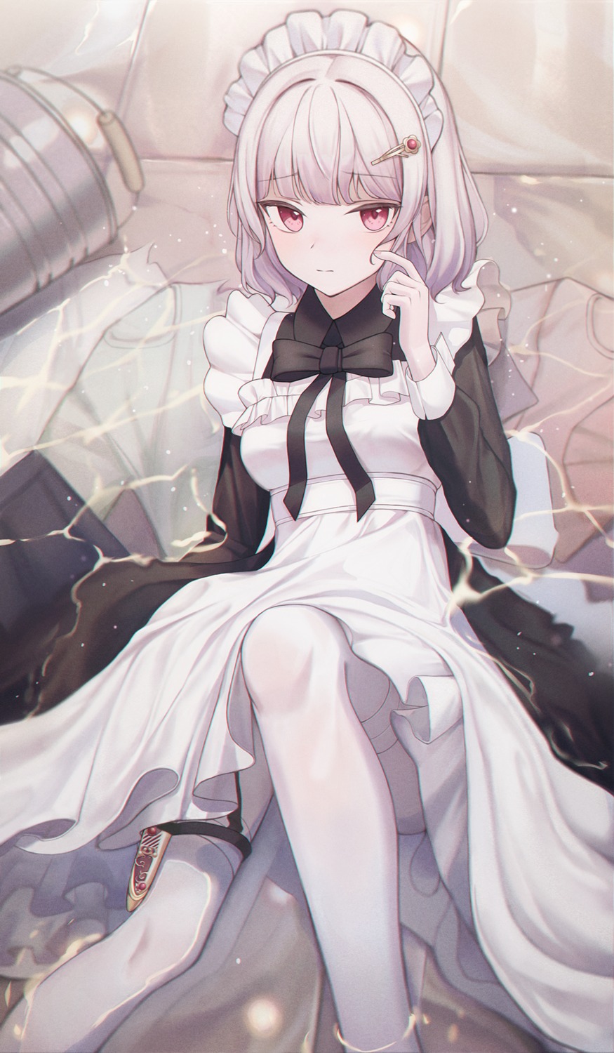 garter, hb_(qwqw1697), maid, pantyhose, skirt_lift, weapon, wet