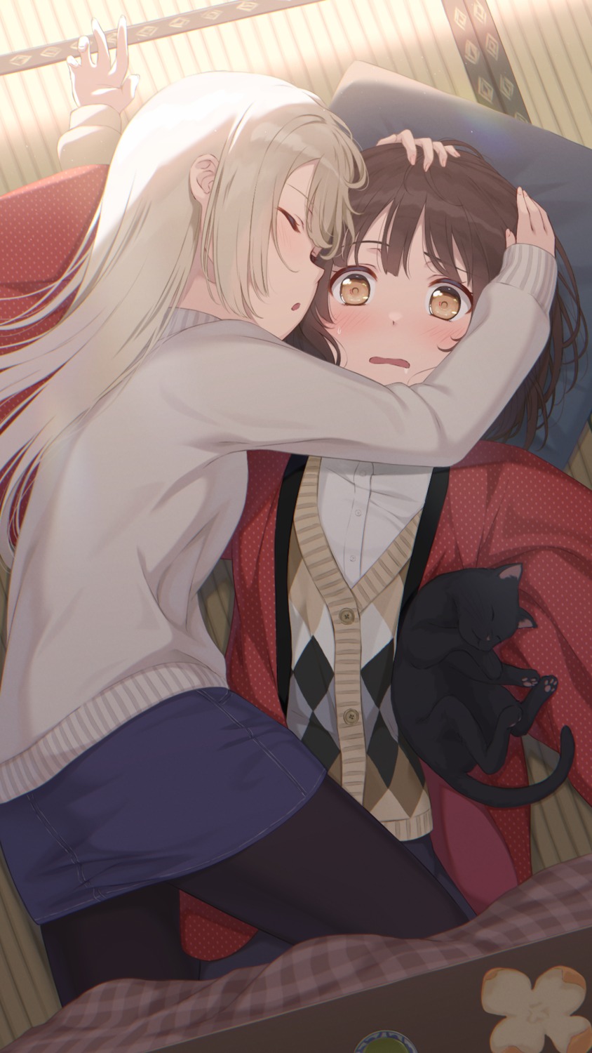 japanese_clothes, neko, nuenue, pantyhose, sweater, yuri