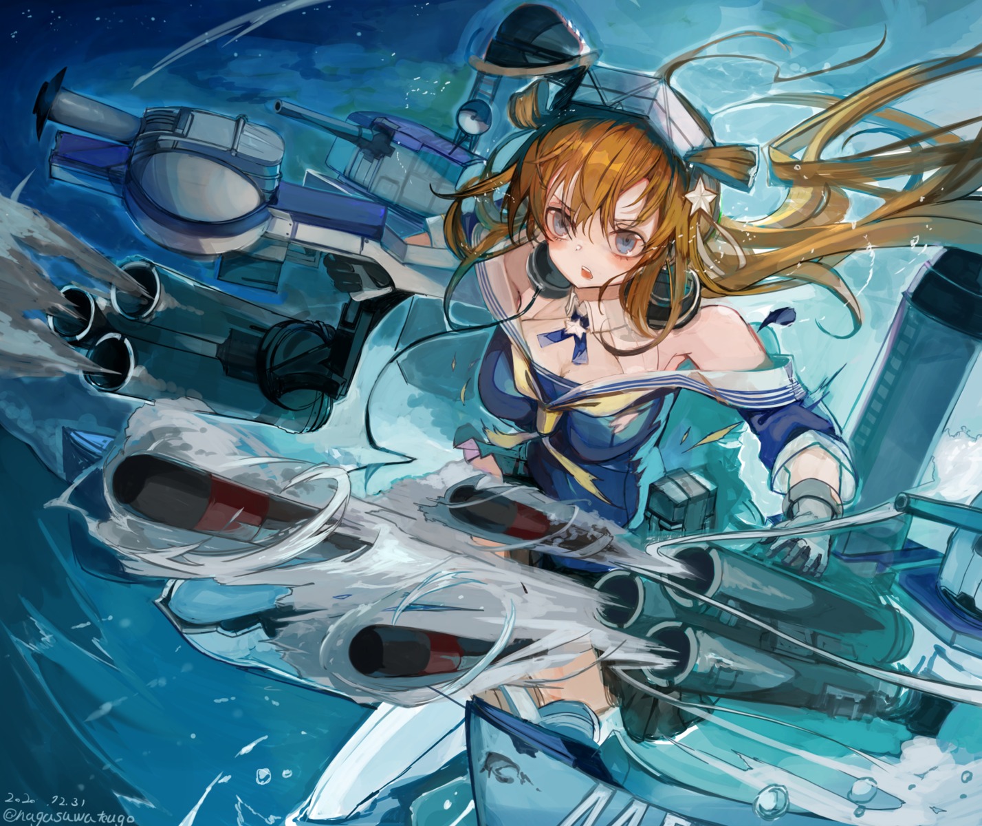 fletcher_(kancolle), kantai_collection, nagasawa_tougo, seifuku, thighhighs, weapon, wet