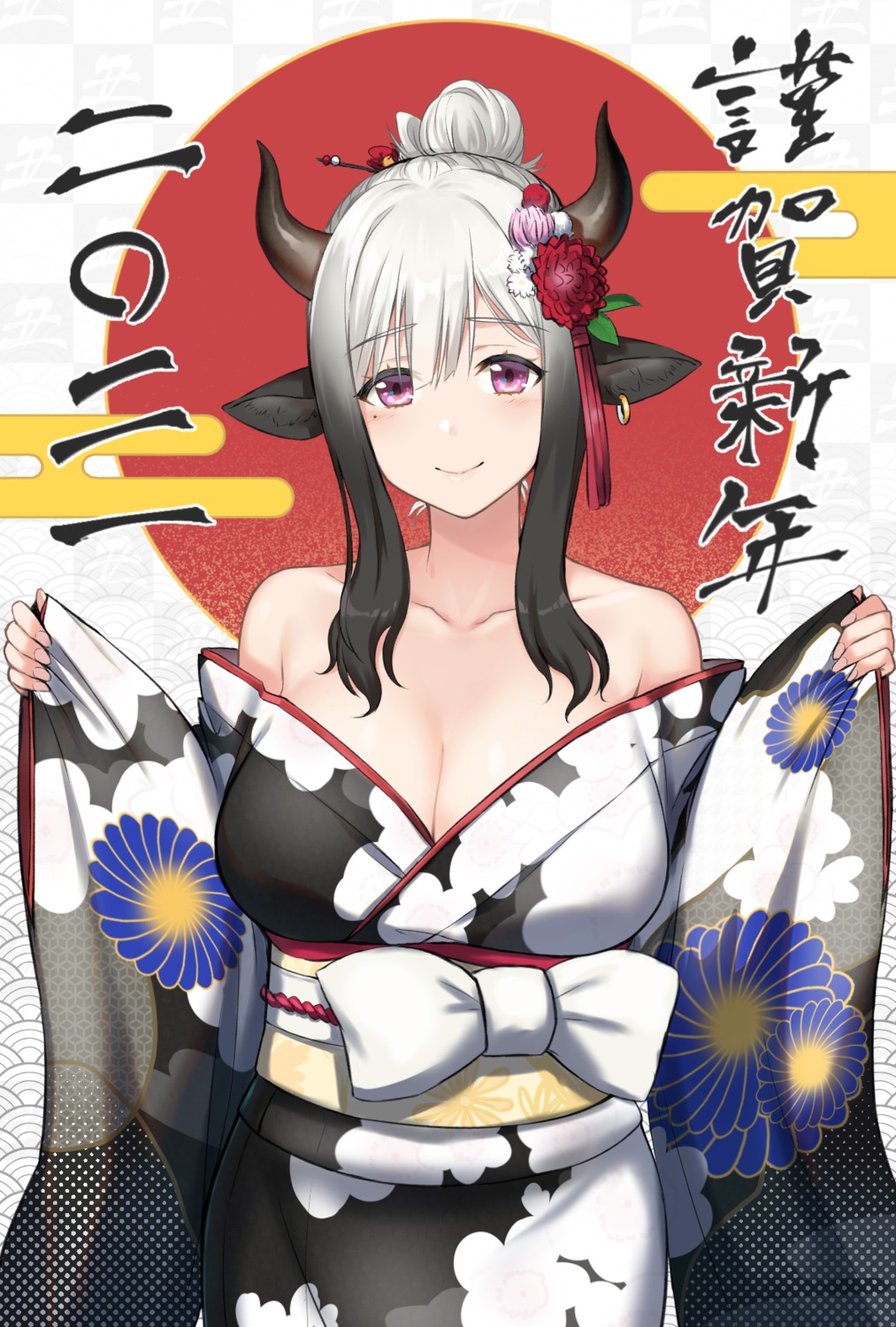 animal_ears, cleavage, horns, kimono, no_bra, open_shirt, purinnssu