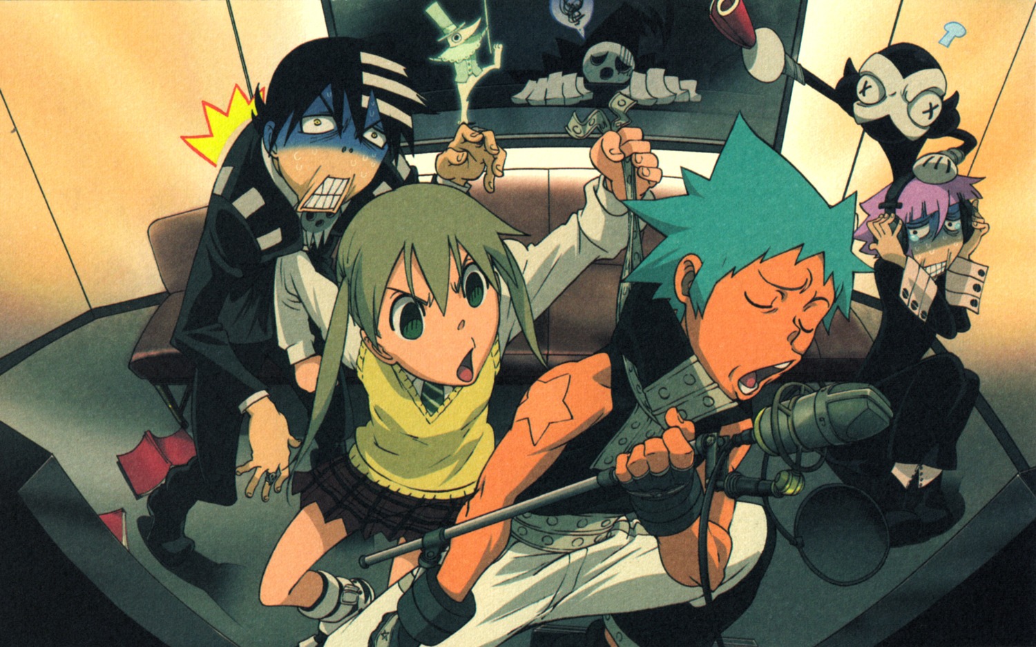 black_star, death_the_kid, excalibur, maka_albarn, makenshi_chrona, ragnarok, shinigami-sama, soul_eater