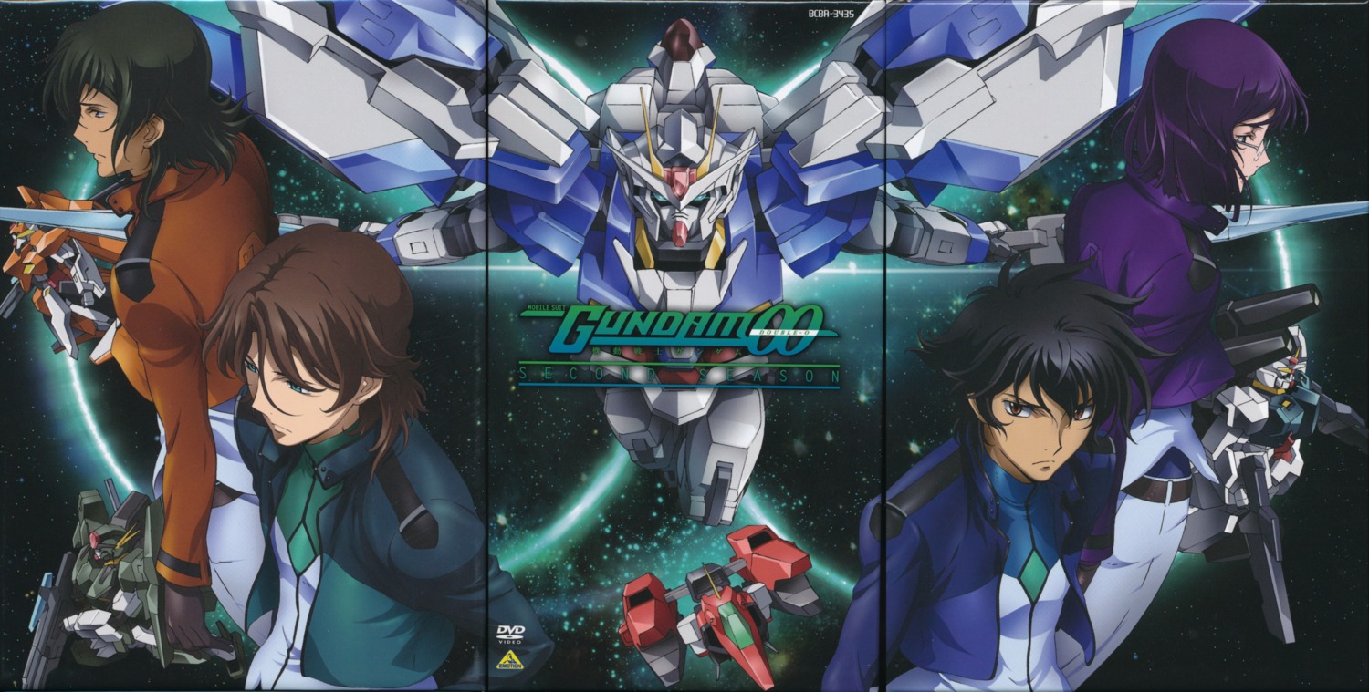 00_raiser, allelujah_haptism, arios_gundam, cherudim_gundam, chiba_michinori, disc_cover, gap, gn_archer, gun, gundam, gundam_00, lockon_stratos, lyle_dylandy, male, mecha, megane, nakatani_seiichi, screening, seravee_gundam, setsuna_f_seiei, sword, tieria_erde, uniform