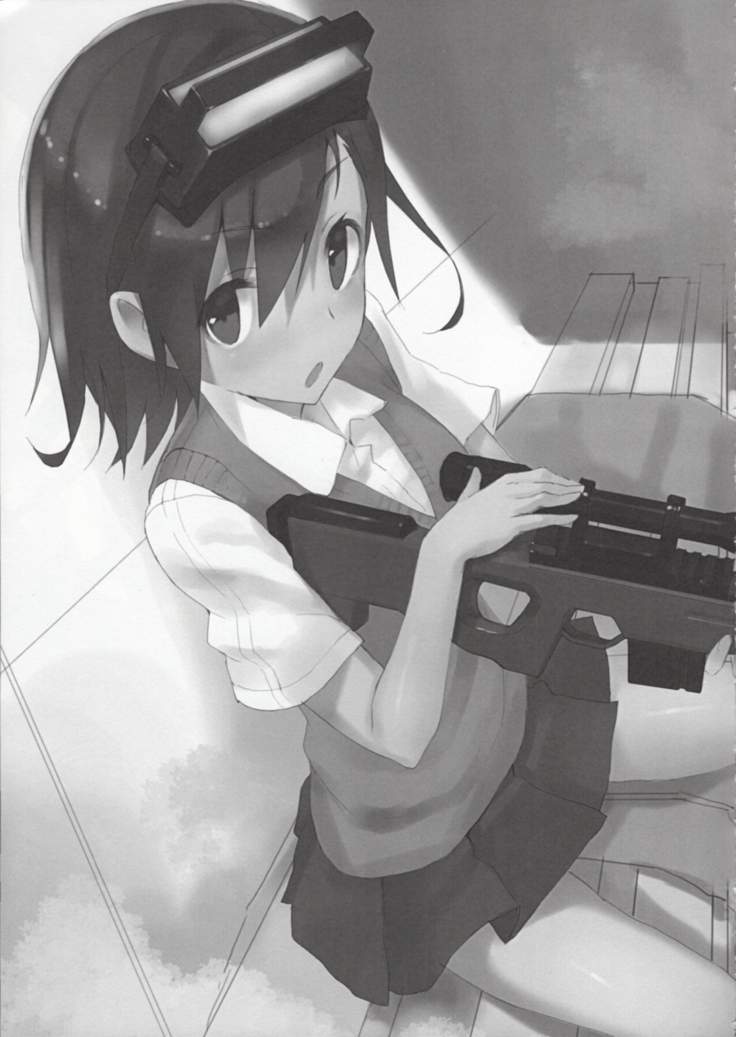 fikusipu, gun, megane, misaka_imouto, monochrome, seifuku, sweater, toaru_kagaku_no_railgun