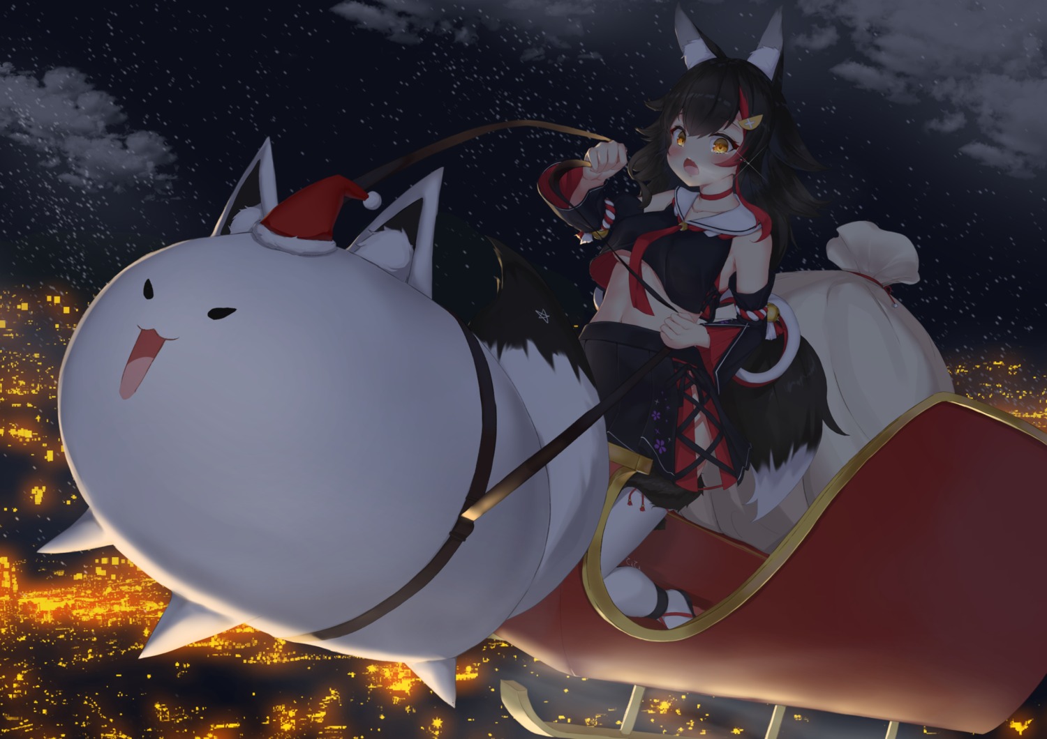 animal_ears, christmas, hololive, hololive_gamers, ookami_mio, seifuku, tail, thighhighs