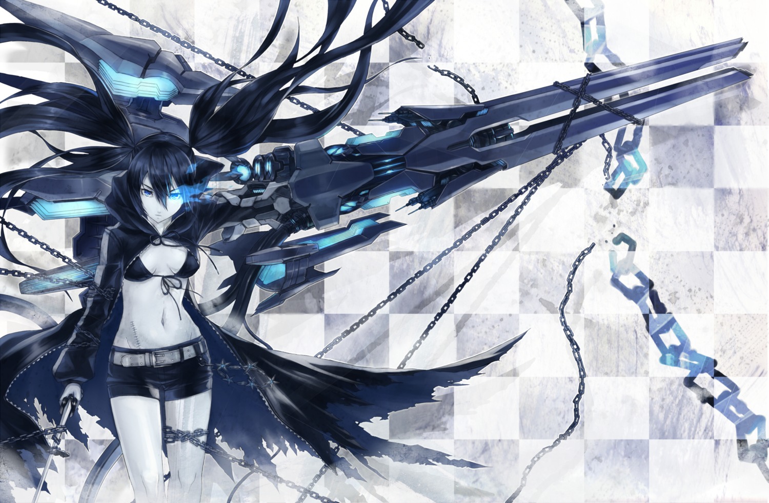 2d, 4hands, bikini_top, black_rock_shooter, black_rock_shooter_(character), bondage, cleavage, gun, swimsuits, sword, vocaloid