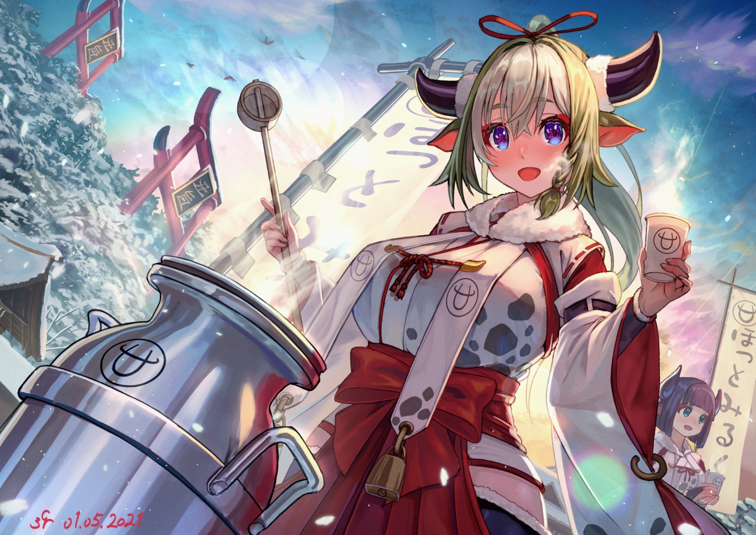 animal_ears, horns, japanese_clothes, sakumichi