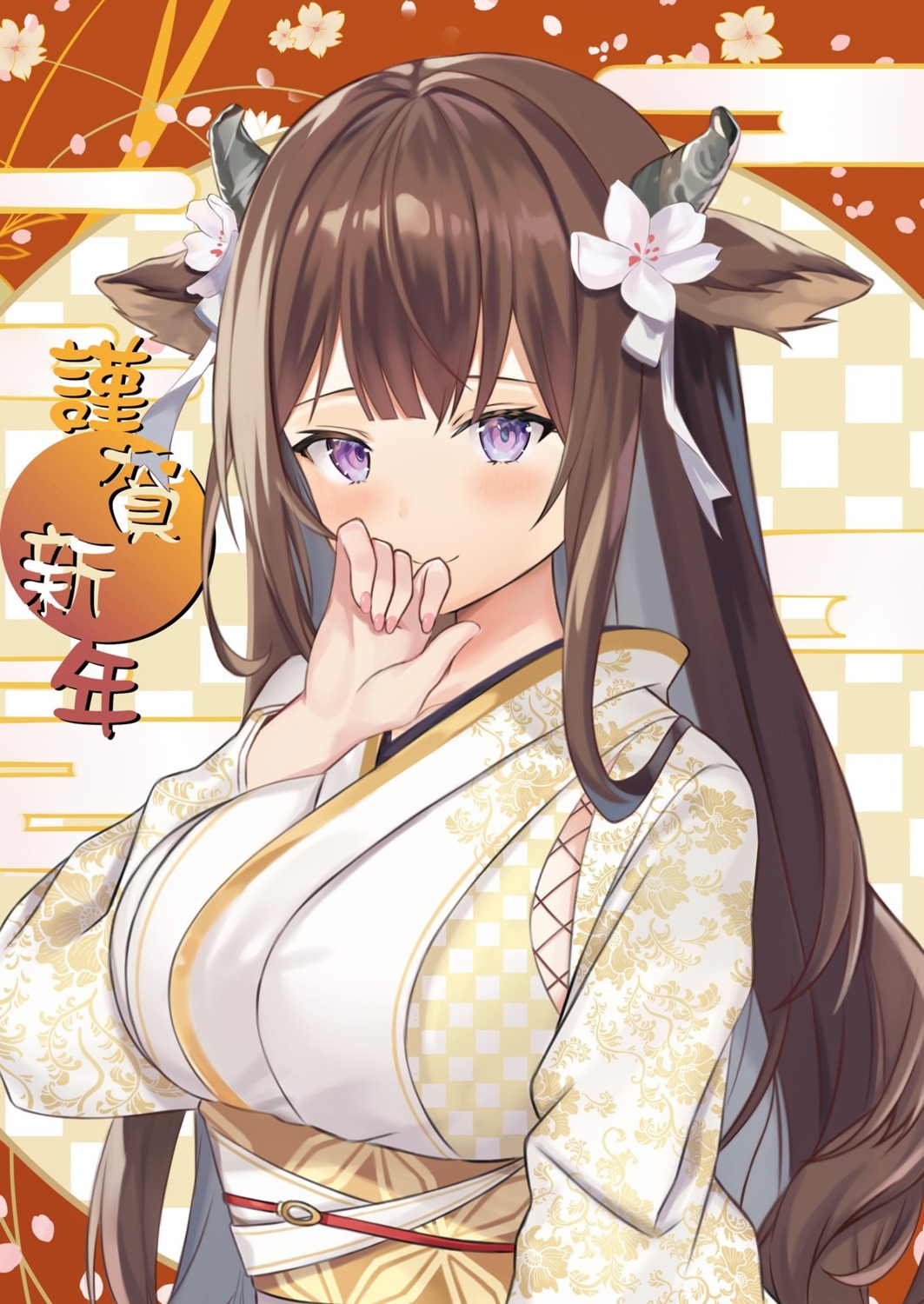 animal_ears, azur_lane, horns, kashino_(azur_lane), kimono, nannann