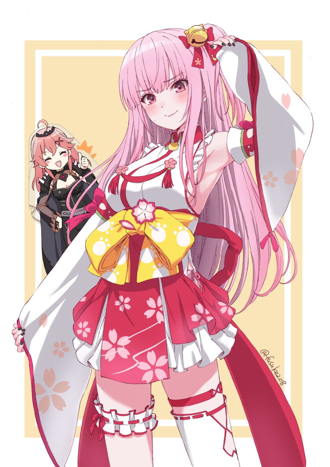cosplay, fuusuke_(fusuke208), garter, hololive, hololive_english, japanese_clothes, mori_calliope, sakura_miko