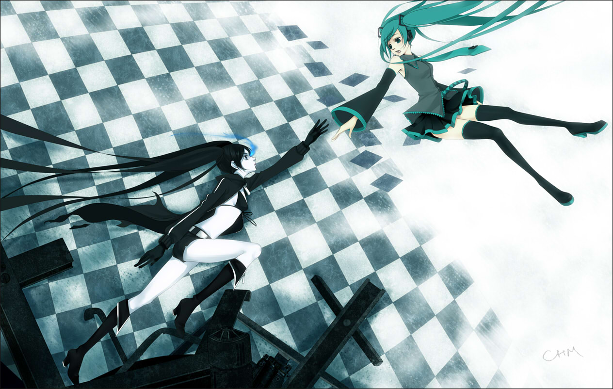 bikini_top, black_rock_shooter, black_rock_shooter_(character), chm, hatsune_miku, swimsuits, thighhighs, vocaloid