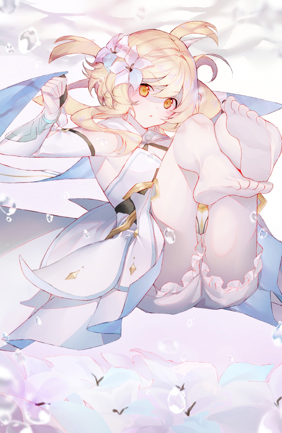 bloomers, feet, genshin_impact, lumine, pantyhose, shotgunman, skirt_lift