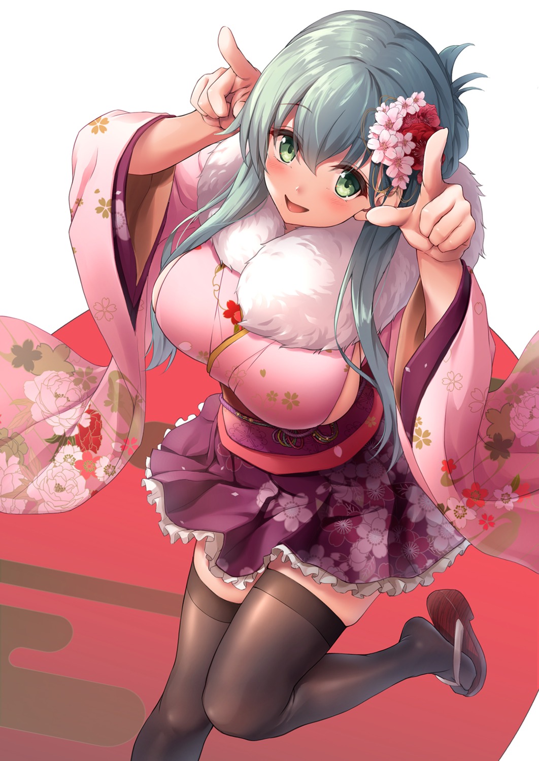 awa_yume, japanese_clothes, kantai_collection, no_bra, suzuya_(kancolle), thighhighs