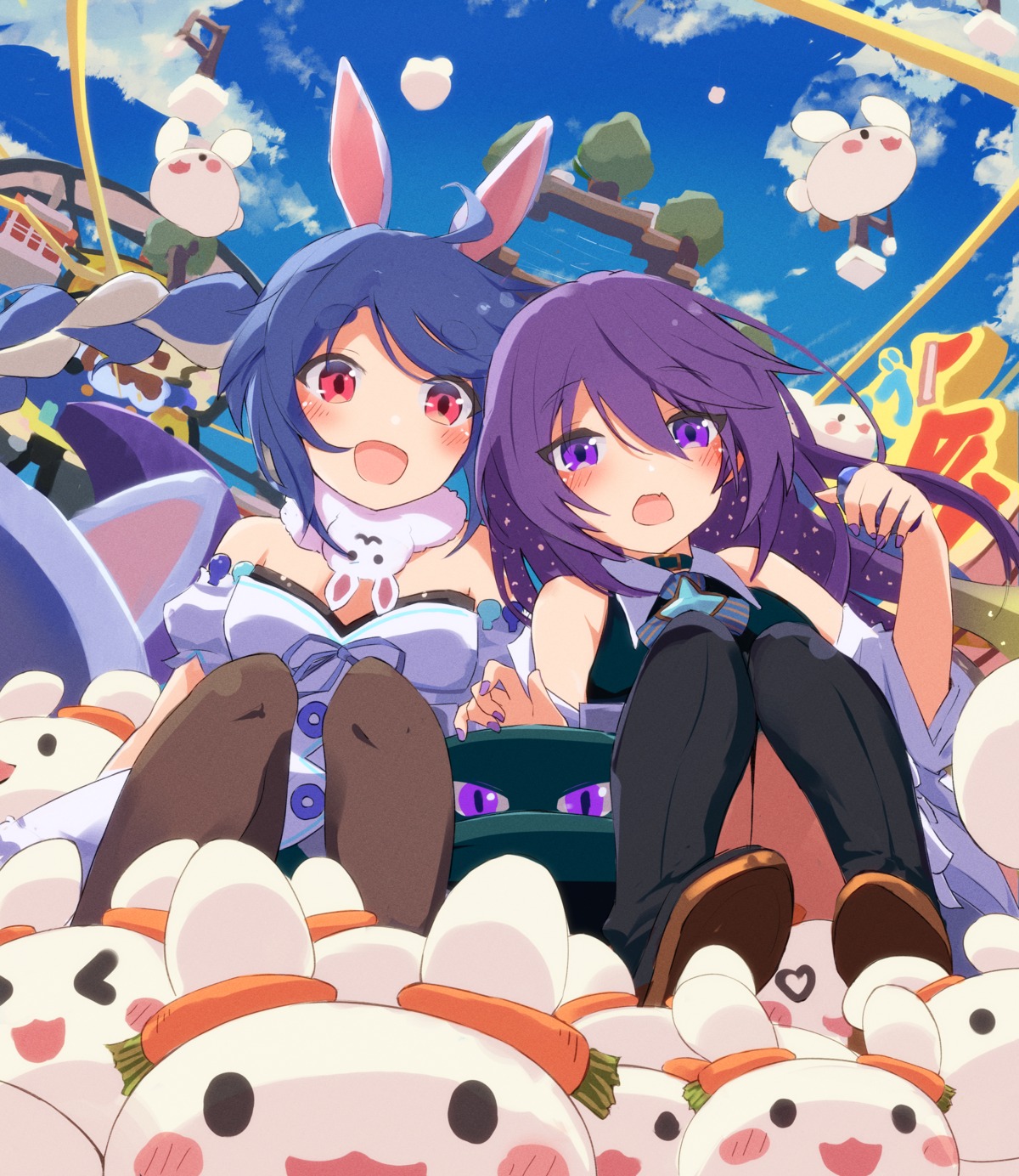 animal_ears, bunny_ears, dress, hololive, hololive_indonesia, moona_hoshinova, pantyhose, remini