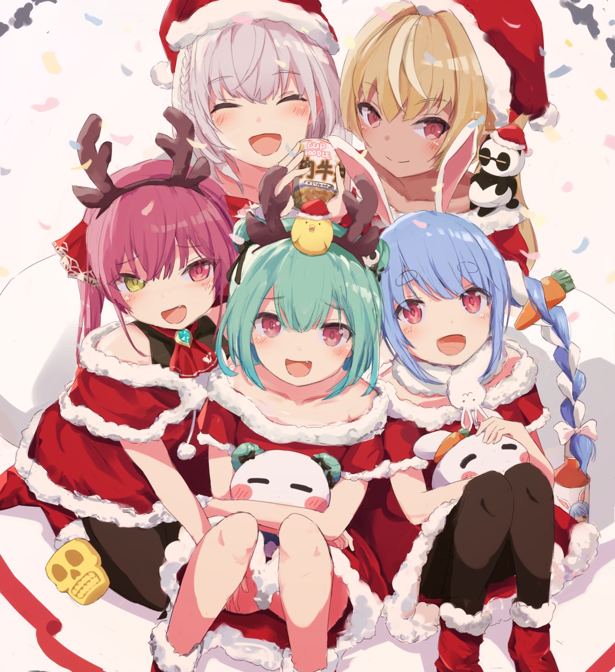 animal_ears, bunny_ears, christmas, dress, heterochromia, hololive, horns, houshou_marine