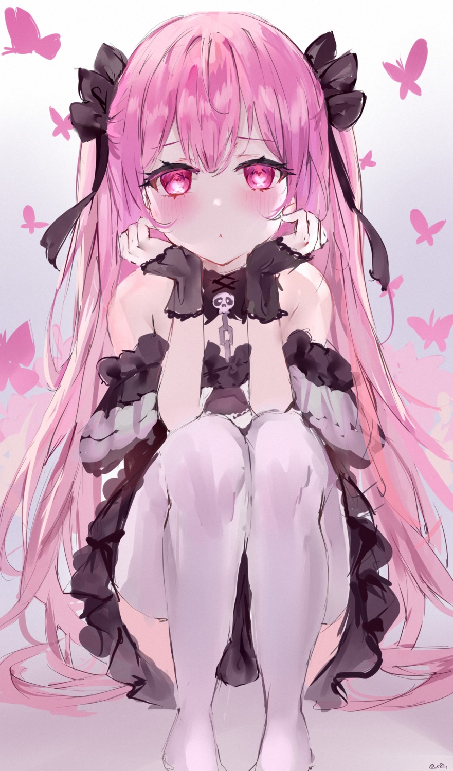 dress, hololive, lolita_fashion, mile_(off8mile), sketch, skirt_lift, thighhighs, uruha_rushia