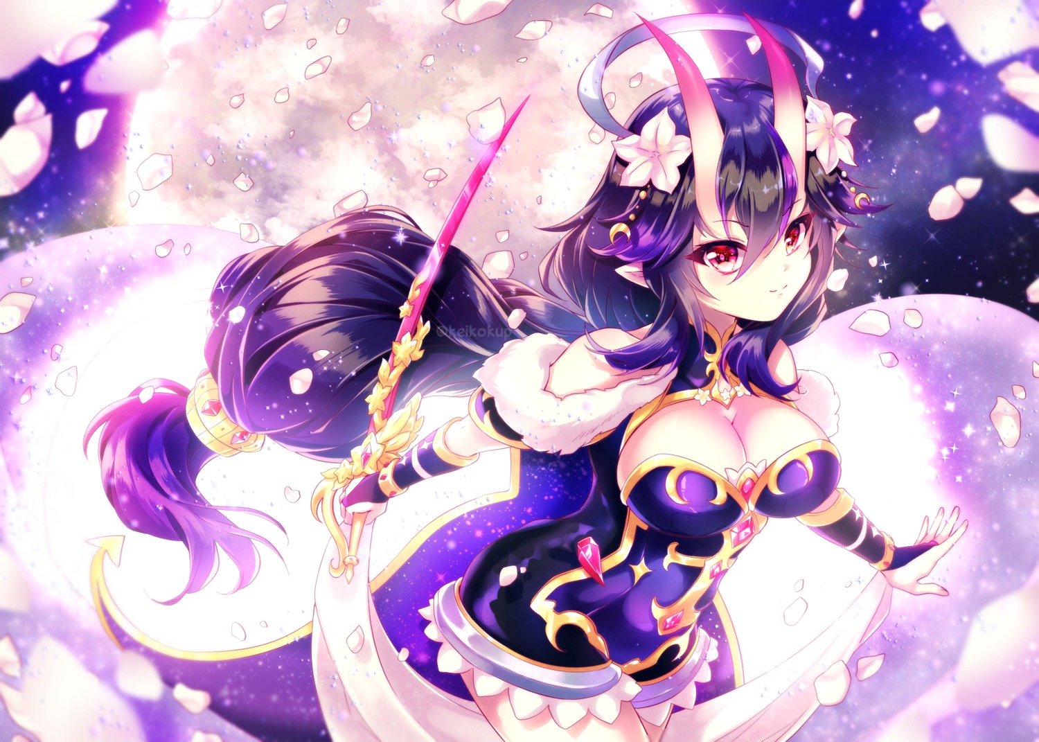 cleavage, horns, linnea_kataja, no_bra, pointy_ears, sword