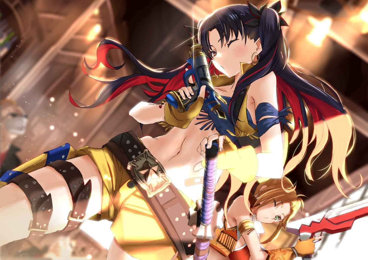bikini_top, fate/grand_order, garter, gun, ishtar_(fate), martha_jane_canary_(fate), open_shirt, space_ishtar_(fate)