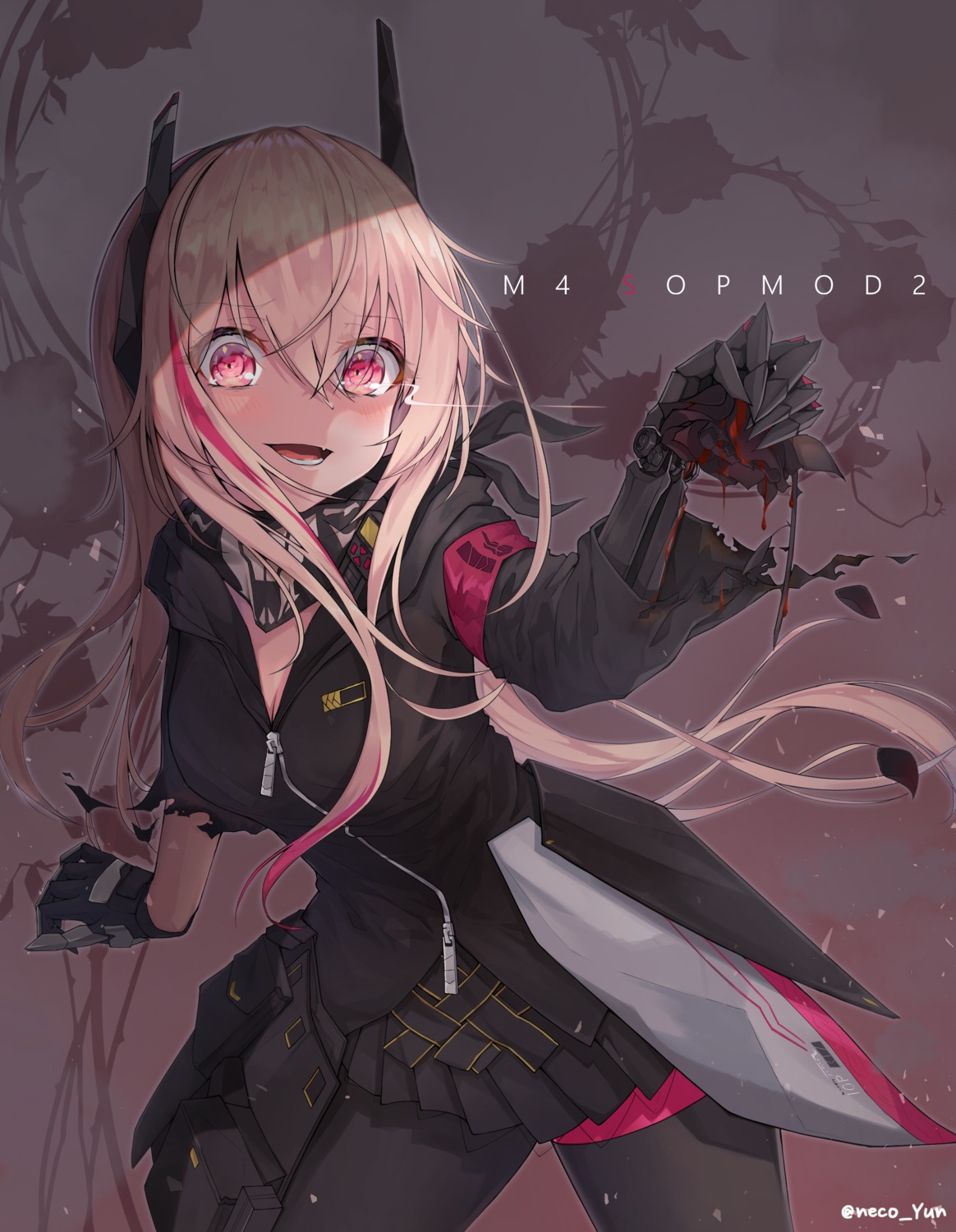 armor, blood, cleavage, garter, girls_frontline, horns, m4_sopmod_ii_(girls_frontline), pantyhose