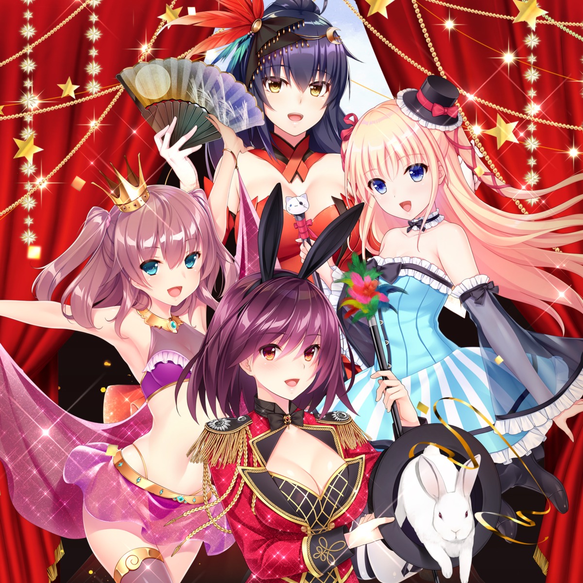 akino_subaru, animal_ears, araya_touka, bunny_ears, cleavage, dress, heels, hishiki_uguisu