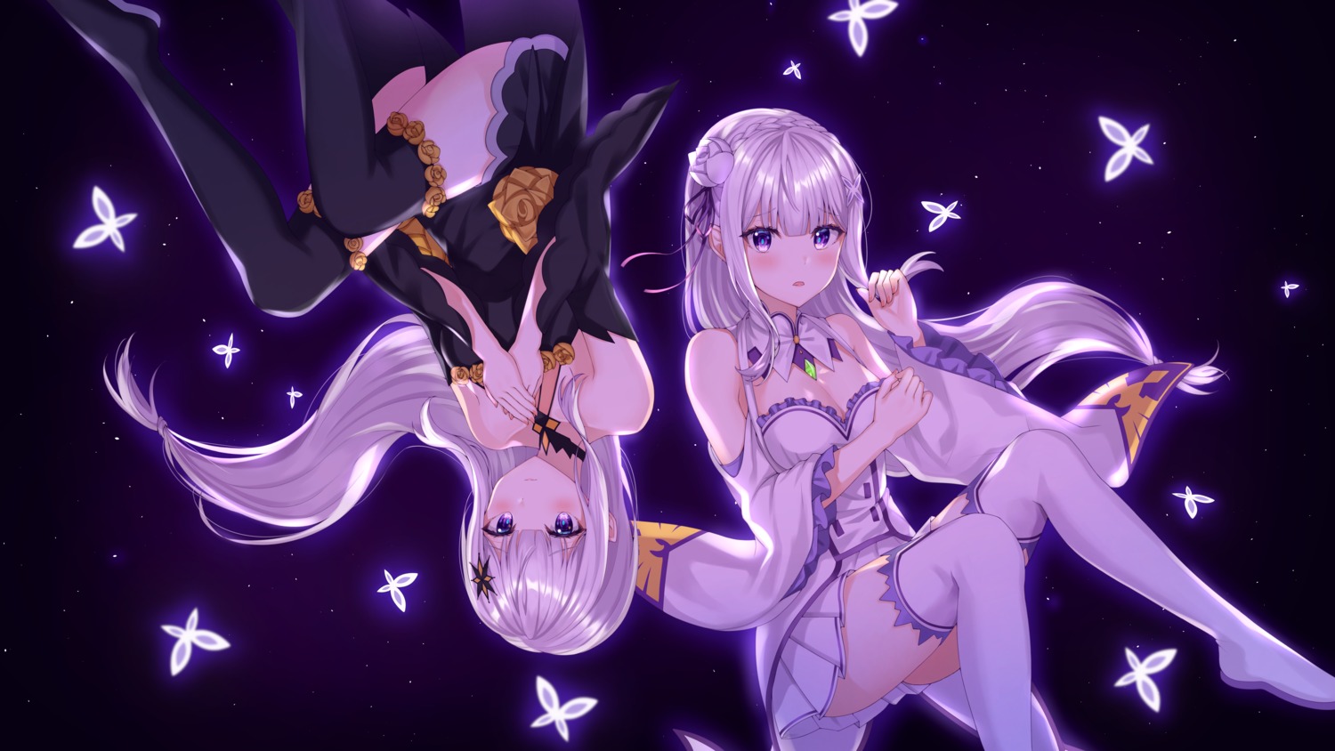cleavage, emilia_(re_zero), pantsu, re:zero_kara_hajimeru_isekai_seikatsu, sarin_(seoling), satella_(re_zero), skirt_lift, thighhighs