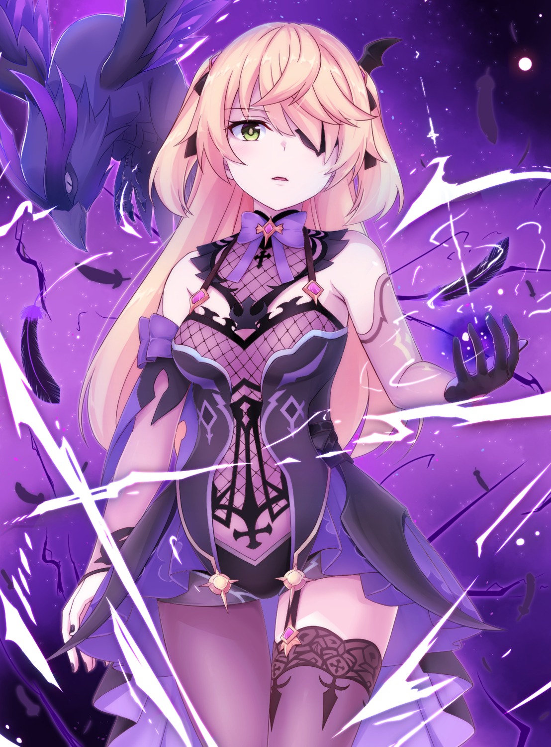 bassa, eyepatch, fischl, fishnets, genshin_impact, leotard, stockings, thighhighs