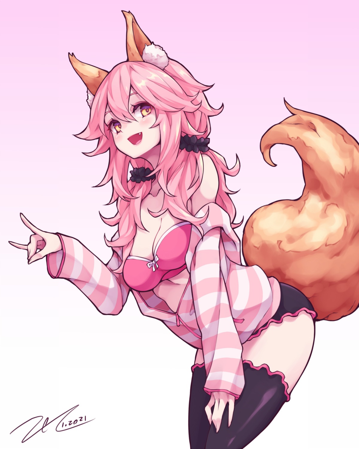 animal_ears, bra, fate/grand_order, kitsune, open_shirt, scarlet_zel, tail, tamamo_no_mae, thighhighs