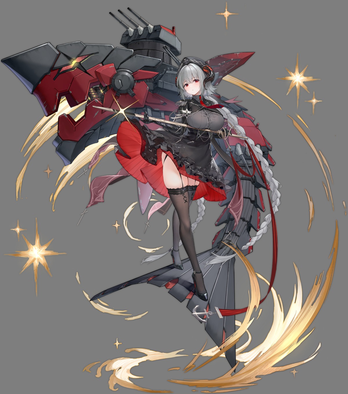 azur_lane, dress, heels, horns, nurnberg_(azur_lane), skirt_lift, stockings, sword